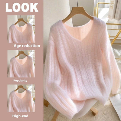 V-neck Loos Soft Glossy Dopamine Sweater