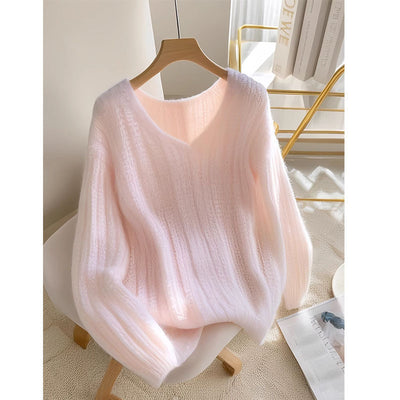 V-neck Loos Soft Glossy Dopamine Sweater