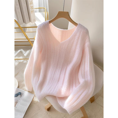 V-neck Loos Soft Glossy Dopamine Sweater