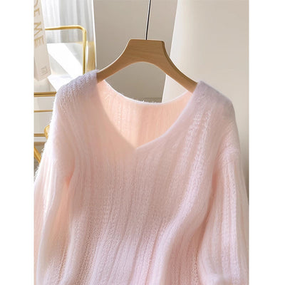 V-neck Loos Soft Glossy Dopamine Sweater
